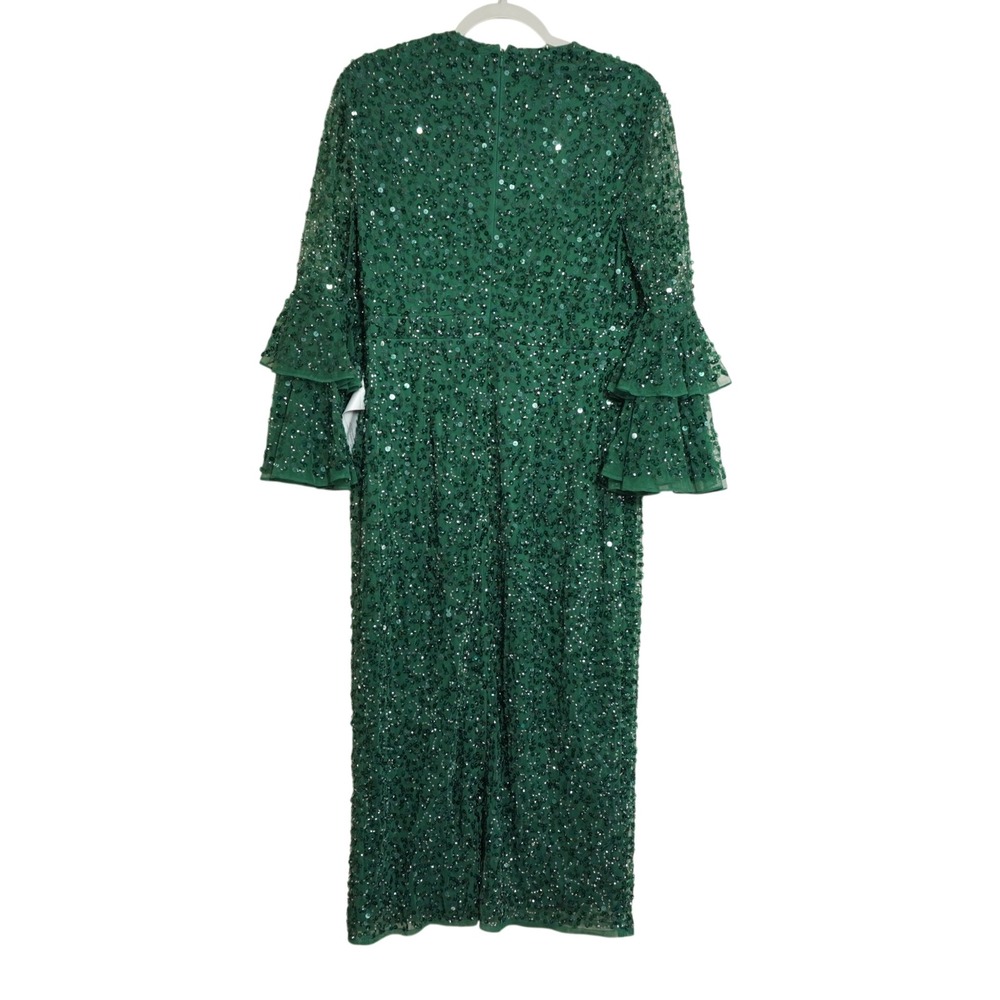 Mac Duggal Emerald Green Sequin Tiered Ruffle Bell Sleeve Midi Dress Size 10 NEW - Picture 11 of 11